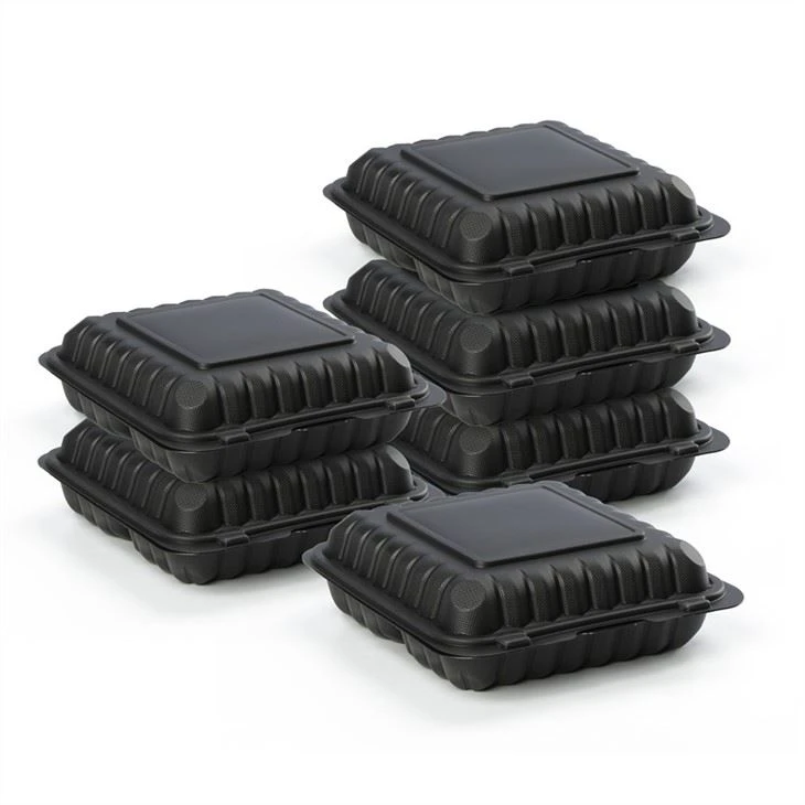Plastic negru, compostabil, cu clapetă, cu balamale, container pentru mâncare pentru scoatere, pui la grătar, cutie pentru a merge la pachet cu orificii de ventilație