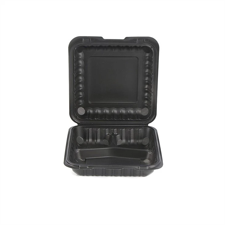 Black Plastic Compostable Clamshell Hinged Food Take Out Container Grilled Chicken Takeaway To Go Box With Vents